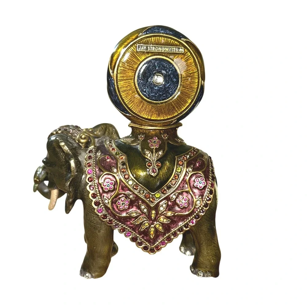 Jay Strongwater Jeweled Elephant Desk Clock Swarovski Crystal Enamel Figurine